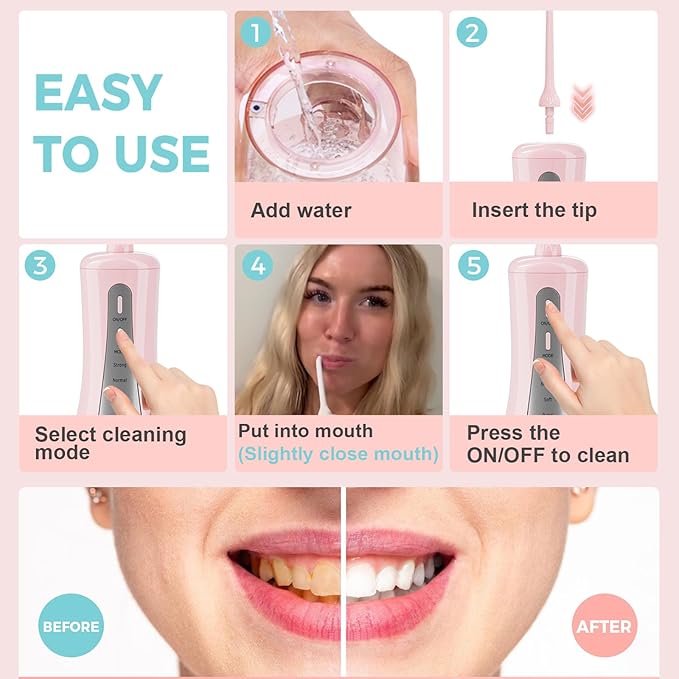 GOLDANT 350ML Water Dental Flosser Teeth Pick with Travel Bag, 5 Modes Portable Cordless Oral Irrigator Cleaner, Electric Rechargeable IPX7 Waterproof for Home Travel Teeth Cleaning flossing (Pink)