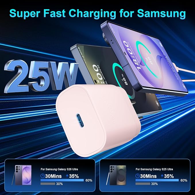 Super Fast Charger Type C 25W USB C Wall Charger Fast Charging for Samsung Galaxy S26 Ultra/S26/S26+/S25 Ultra/S25/24 Ultra/S24/S23 Ultra/S22 Ultra with 10FT Long Android Type C Charger Cable 2Pack