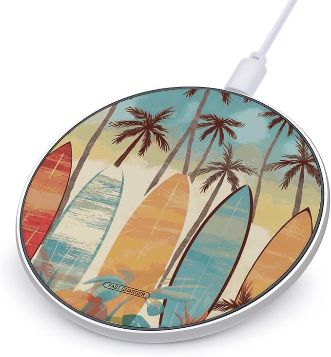 Surfboard Palm Tree Wireless Charger Portable Fast Charging Pad Lightweight Wireless Charging Pad 10W Slim Charging Station for Phone Charger Mat for Travel Home Office Desk