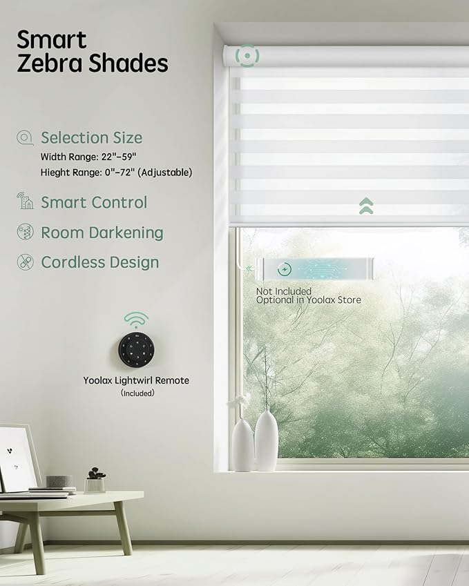 Yoolax Motorized Blinds with Remote, Electric Zebra Blinds for Indoor Windows, Room Darkening Smart Shades with Voice Control, Compatible with Alexa Google Home, APP Control, 47" W x 72" H, White