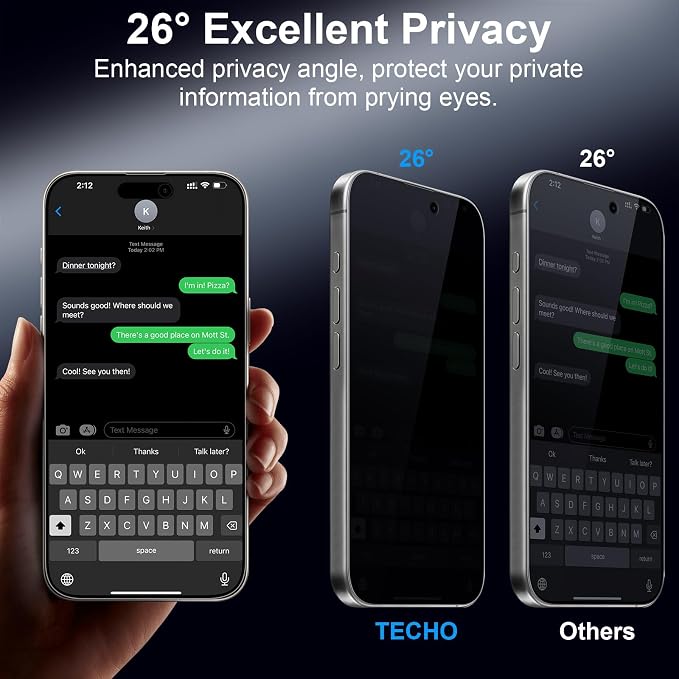 TECHO Privacy Screen Protector for iPhone 15 Pro Max Tempered Glass Film Full Coverage Edge to Edge Anti Spy Private 9H Hardness 2 Pack 6.7 Inch
