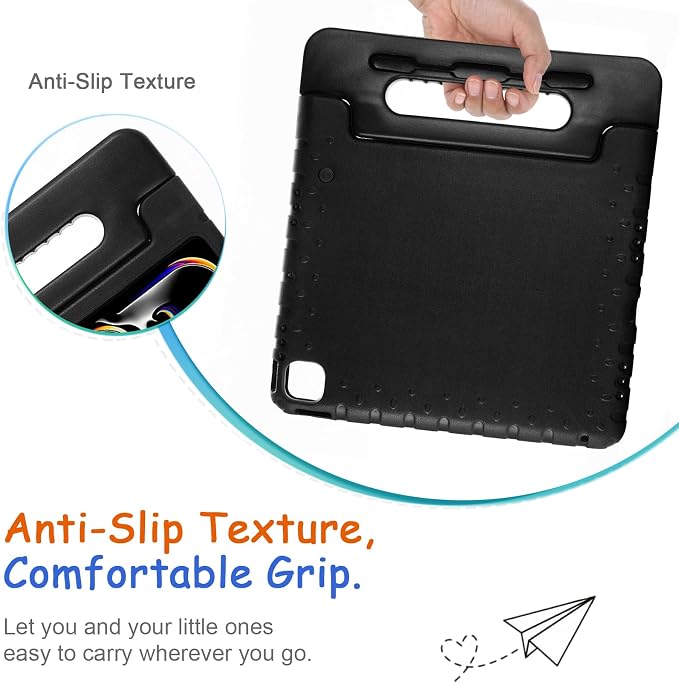 Kids Case for iPad Pro 11 M5/M4 &amp iPad Air 11 (2026/2025/2024) Shockproof Case with Pencil Holder Techcircle Light EVA Foam Handle Stand Bumper Protective Child Friendly Drop Proof Cover Black