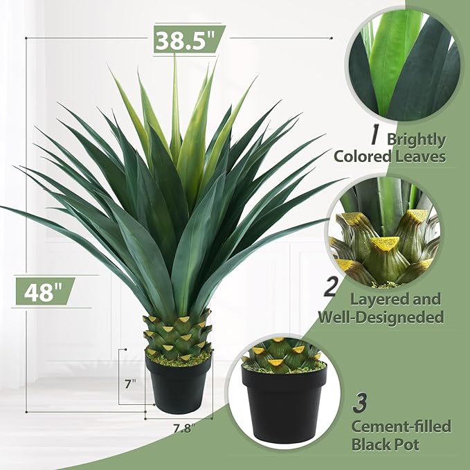 3.5ft Artificial Agave Plant, 42 Inch Tall Faux Agave Plants in Black Pot, Fake Floor Plant Outdoor Indoor for Front Porch Patio Home Office Door Step Hotel Desert Style Decor 2PCS