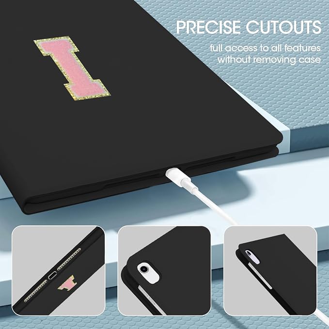 for iPad 9th Generation 10.2 Inch 2021/2020/2019 Case Initial Chenille Letter Suture Personalized for iPad 9th/8th/7th Generation Case with Auto Sleep/Wake Pencil Holder (Black A)
