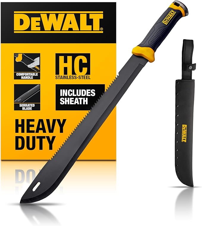DEWALT 24 Inch MA60 Field Machete - Full Tang Stainless Steel Blade with Saw Back Construction & Non-Slip TPR Handle with Nylon Sheath for Brush Clearing, Yard Work, Camping & Outdoor Use
