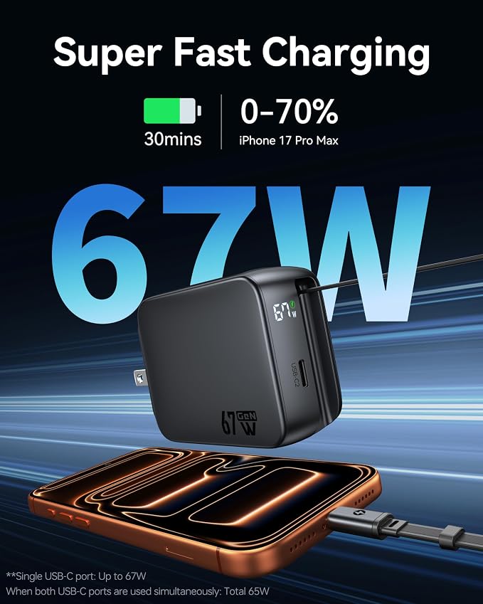 Retractable USB C Charger 67W 2-Port Fast Charger with Retractable Cables and Foldable Plug