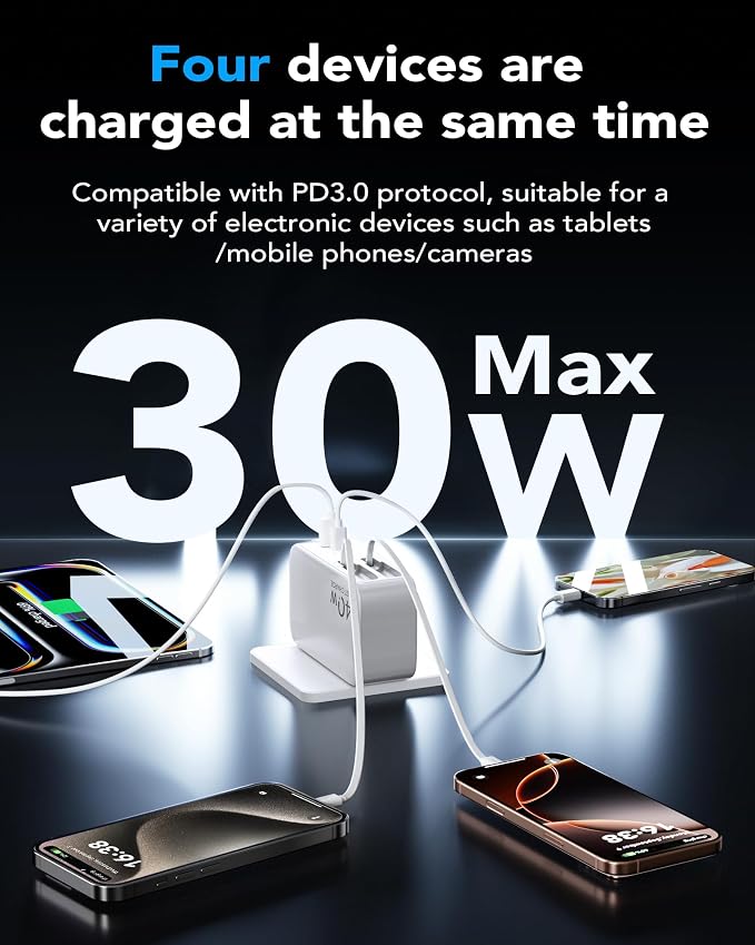 4 in 1 Retractable Wall Charger for iPhone 17Retractable Phone Charger Wall PlugTravel Essentials Retractable Charger for iPhone 17 Pro Max/17 Pro/17 Air/16/15/14/13/12Galaxy S26Pixel 10iPad