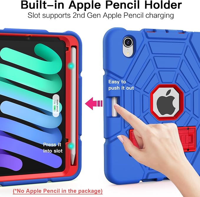Grifobes Case for iPad mini 7th 2024 (A17 Pro) / Mini 6th Generation 2021 8.3 Heavy Duty Shockproof Cover with Pencil Holder Stand for i Pad Mini 7/6 Gen 8.3 inch Case (Black+Red+Red)