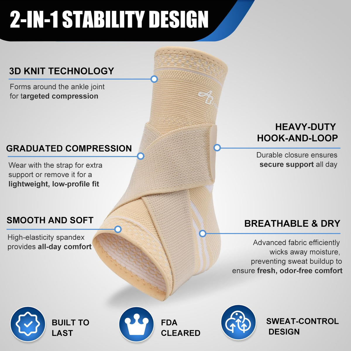 ABIRAM Ankle Brace for Men & Women - Adjustable Compression Sleeve with Wrap for Sprained Ankle, Plantar Fasciitis, Achilles Tendonitis - Breathable Support for Running, Volleyball, Basketball - L