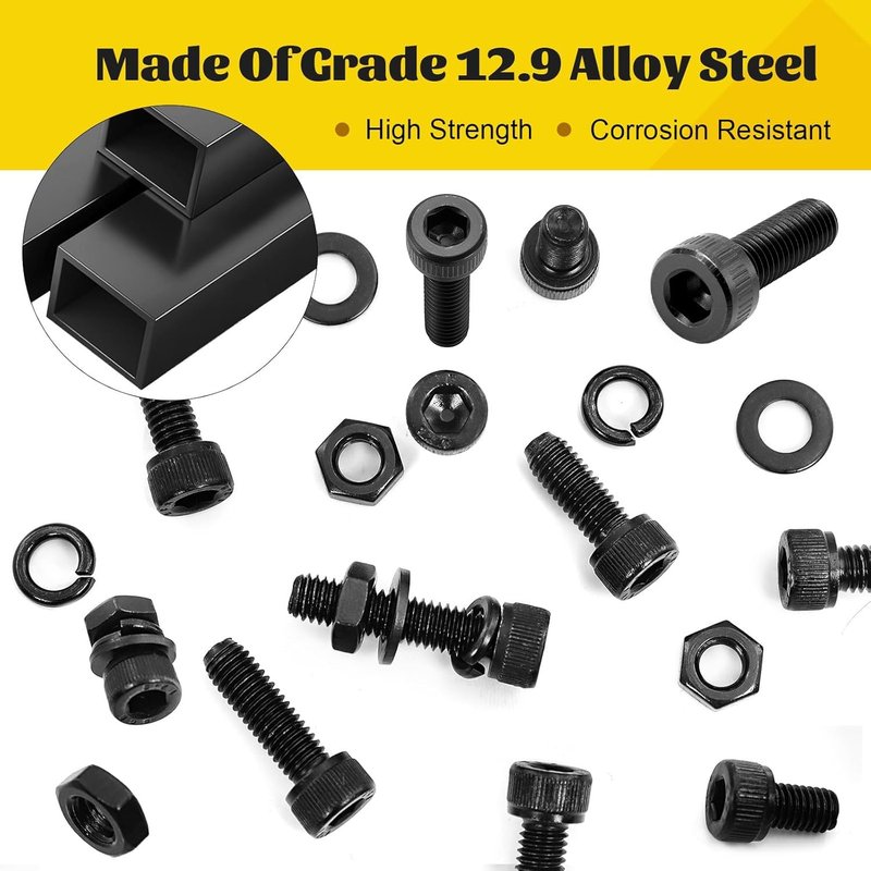 Fgruh 174PCS M6 Screws with Nuts Assortment Kit - M6x8/10/12/16/20/25/30/35 mm Hex Socket Head Cap Bolts with Nuts & Washers Assorted Set - 12.9 Alloy Steel Black Zinc Plated Anti-Rust Hardware Set
