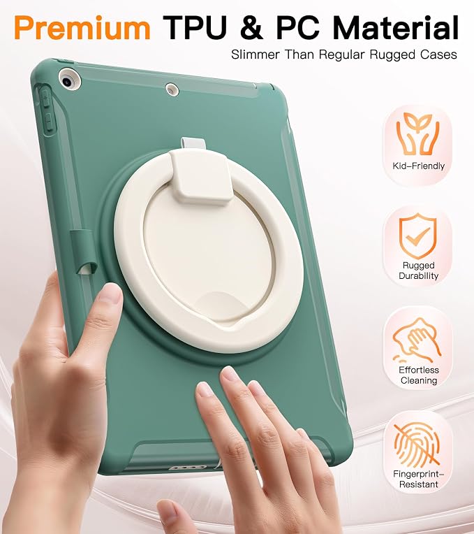BATYUE Shockproof Case for iPad 9th 8th 7th Gen 10.2 Inch Black | 3in1 PC+TPU Heavy Duty 360° Rotatable Ring Stand for Grip Carry Hang &amp Multi-Angle View Screen Protector Pencil Holder