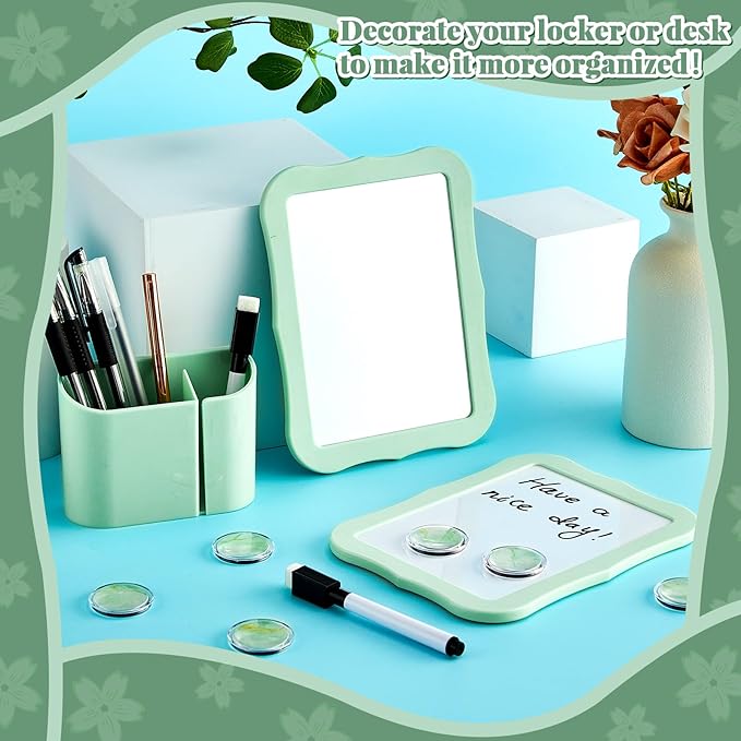 11 Pcs School Lockers Magnetic Decor Green Locker Accessories Kit with Magnetic Mirror Whiteboard Pen Holder Buckles Lockers Organizer Decorations Locker Essentials for Back to School Supplies