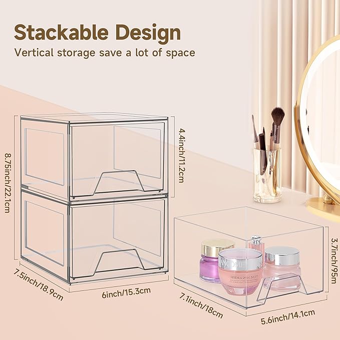 Damomo 4 Pack Stackable Organizer Drawers, 4.4" Tall Clear Bathroom Makeup Organizer and Storage, Acrylic Small Organizers Bins for Vanity, Undersink, Bathroom, Pantry, Kitchen Cabinets