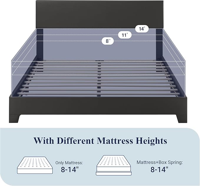 Allewie Queen Bed Frame with Adjustable Headboard, Faux Leather Platform Bed with Wood Slats, Heavy Duty Mattress Foundation, No Box Spring Needed, Noise-Free, Easy Assembly, Black
