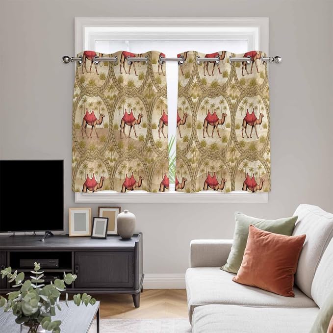 2 Panel Kitchen Cafe Curtains, Desert Camels Sunlight Filtering Nature Air