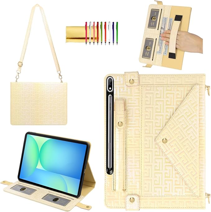 Handbag Case for Samsung Galaxy Tab S10 FE/S9 FE 10.9/S9/S8/S7 11 Techcircle Folio Stand Crossbody Wallet Protective Cover with S Pen Holder &amp Card Slots Hand Strap &amp Shoulder Strap Black