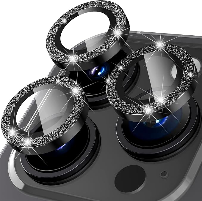 Suoman for iPhone 14 Pro Max / 14 Pro Camera Lens Protector [Diamonds Bling] 9H Tempered Glass Full Coverage Metal Protective Cover - Diamond Black