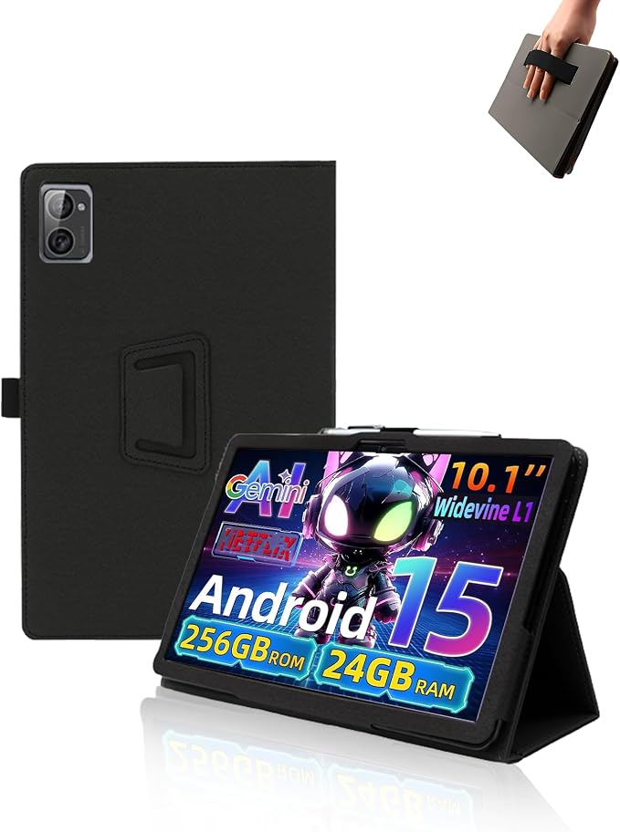Case for VekfulPC T20 Tablet 10 Inch Android 15 TabletUYRUREL Leather Slim Folding Stand Cover with Hand Strap Magnet for Men Women Full ProtectionBlack.