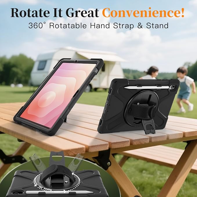 Case for Galaxy Tab S10 FE+ 13.1 2025 with Screen Protector+360 Rotating Hand Strap&ampStand+Shoulder Strap (Black)