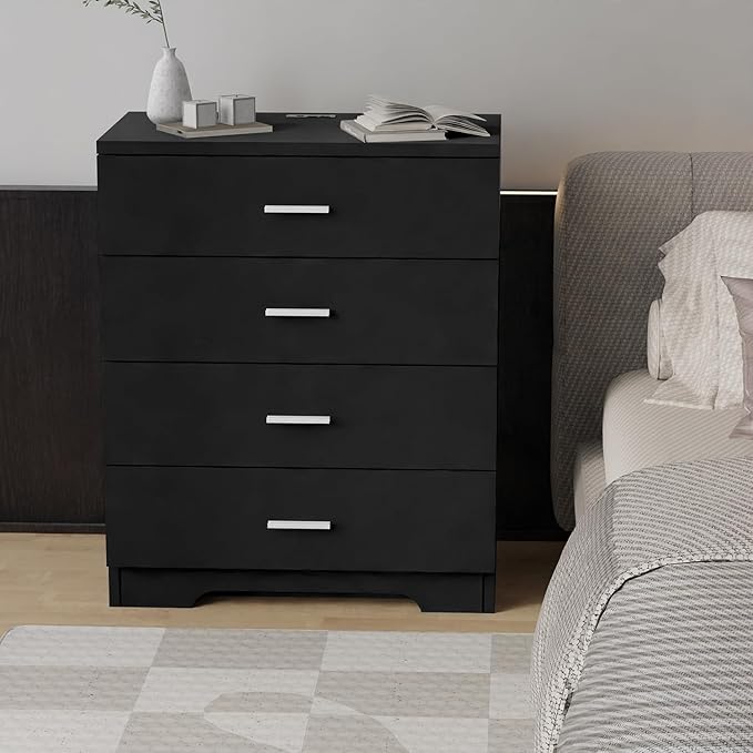 Dresser for Bedroom with Power Outlets Wood 4 Drawer Dresser with Large Organizer Tall Chest of Drawers Closet for Bedroom Living Room Kids Room Hallway