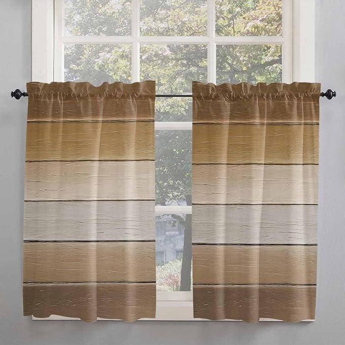 Vintage Brown Gradient Wood Grain Window Valance Curtains, Farmhouse Wood Barn