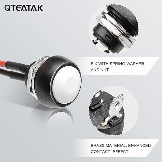 QTEATAK 1/2"(12mm) Pre-Wired Mounting Hole On/Off White Mini Round Waterproof Momentary Push Button Switch JF-33B -2Pack