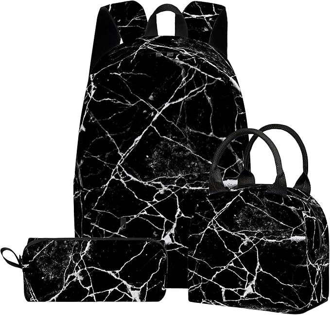 3PCS Marble Backpack Set for Teens Elementary Middle High School, 17 Inch Lightweight Classic Backpack 3 in 1 Set for Girls Boys, Kids Back to School Backpack with Lunch Box Pencil Case