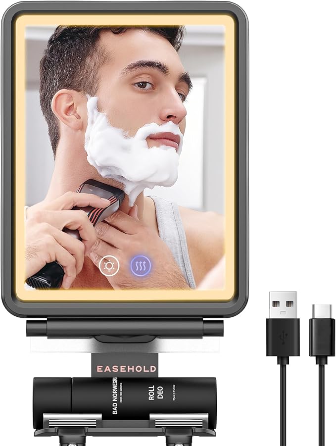 EASEHOLD Shower Mirror Fogless for Shaving, Heated LED Mirror with 3 Color Lights, Adjustable Anti Fog Razor Holder and Storage Tray, 5000mAh Rechargeable Light Up Mirror Bathroom for Men