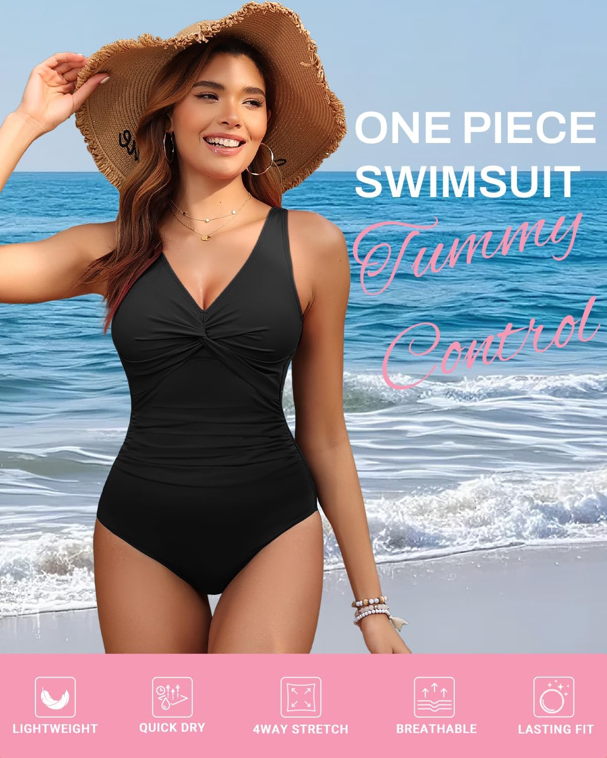Holipick Black Women Tummy Control One Piece Swimsuit - Push Up Bathing Suit Full Coverage Slimming Swimwear XL