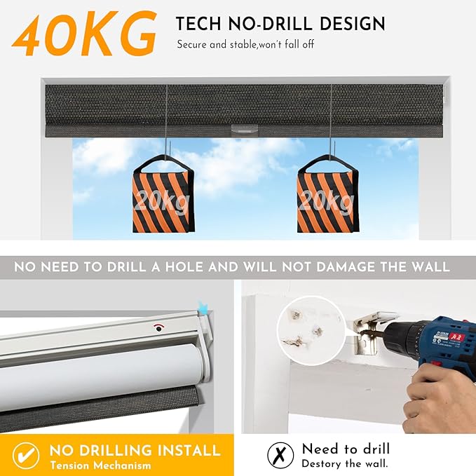 Persilux Smart Motorized Blinds with Remote, No Drill Automatic Roller Shades for Indoor Windows, Blackout Linen Fabric, Electric Blinds for Windows, Weave Blend Coal C162BO-8, Custom Size