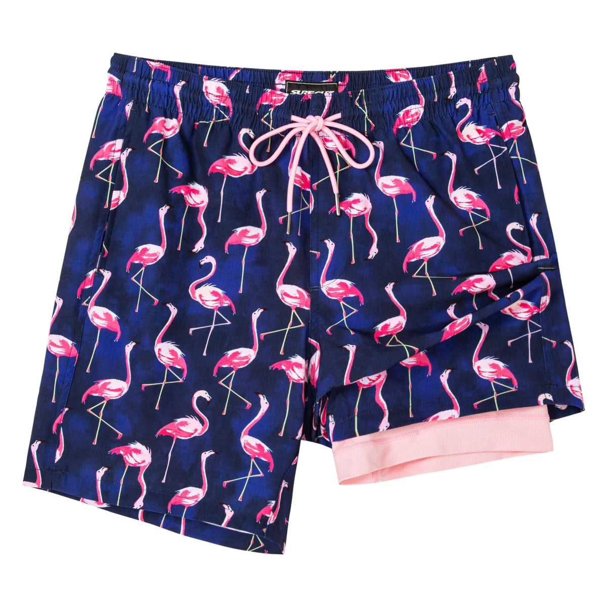 SURF CUZ Mens Swim Trunks with Compression Liner Quick Dry Swim Shorts 7" Swimming Trunks Stretch Bathing Suit 7 Inch,Flamingo Pink,XL