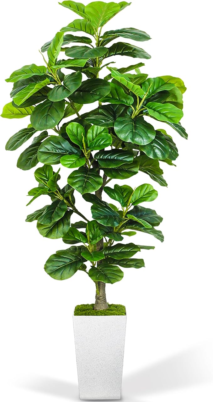 Artificial Fiddle Leaf Fig Tree 6ft, 6 Feet Large Tall Fake Plants Indoor with Modern Style Planter, Artificial Silk Tree for Home Office Living Room Decor Indoor, More Lifelike & Lush (White)