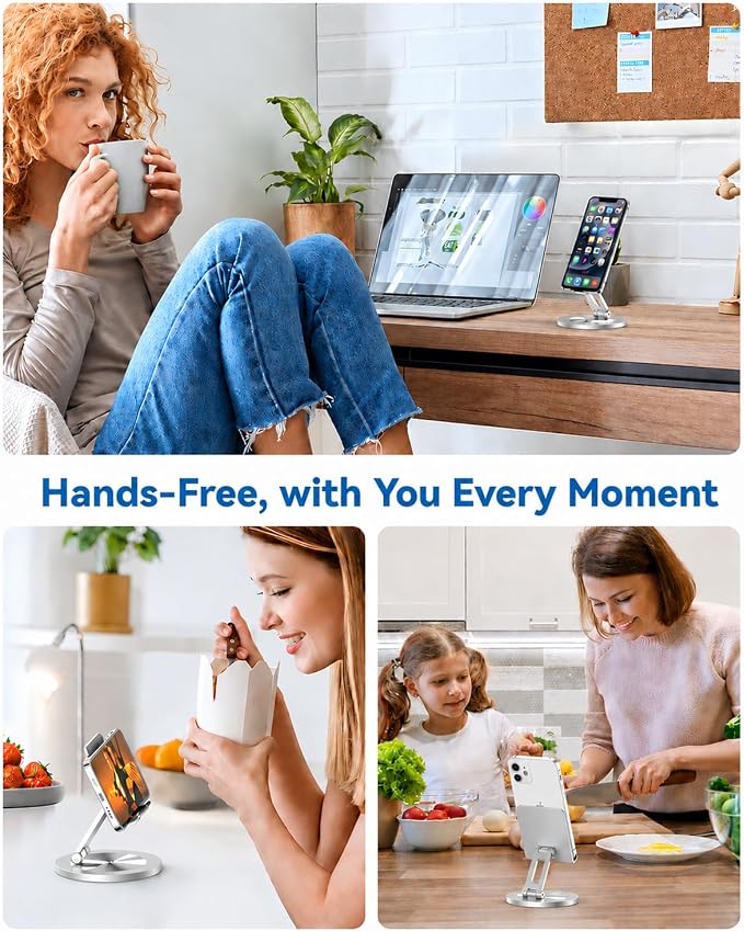 Phone Stand for Desk 360° Rotating Dual Adjustable Foldable Cell Phone Holder Heavy Solid All-Aluminum Base Anti-Slip Stable Support for Home Office Study Fits iPhone Galaxy 4-8 Phones