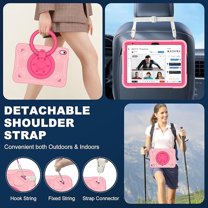 Case for iPad A16 11th / 10th Gen 10.9-Inch 360° Rotating Kickstand | Kids Shockproof Protective Cover with Handle Shoulder Strap &amp Pencil Holder Durable Silicone Case for Girls Black