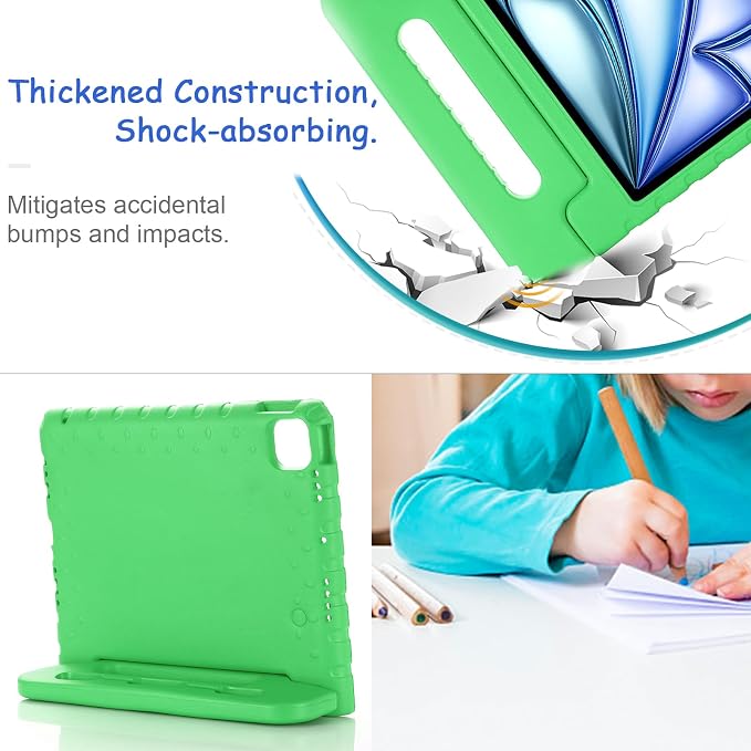 Kids Case for iPad Pro 11 M5/M4 &amp iPad Air 11 (2026/2025/2024) Shockproof Case with Pencil Holder Techcircle Light EVA Foam Handle Stand Bumper Protective Child Friendly Drop Proof Cover Black