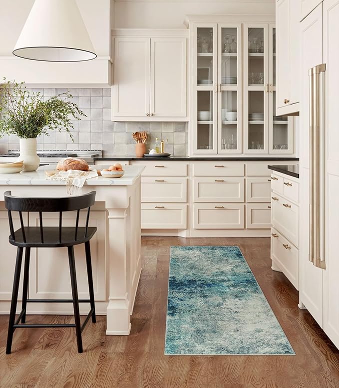 Lahome Modern Abstract Hallway Runner Rug 8ft, Washable 2x8 Rug Runners for Hallways Non Slip, Soft Bathroom Kitchen Runner Non Skid Carpet Runner for Entryway Laundry Bedroom RV, Blue/Grey
