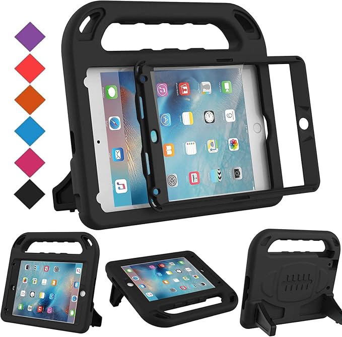 BMOUO Kids Case for New iPad mini 5 2019 / Mini 4 2015 - Built-in Screen Protector Shockproof Light Weight Handle Convertible Stand Case Cover for New iPad mini 5th Generation 2019 - Black