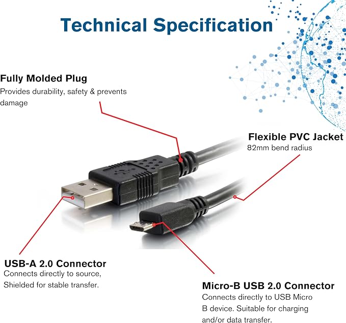 C2G Legrand USB A to B Cable Male to Male USB Cable Micro USB Cable 2 Meters (6.56 Foot) Data Transfer Cable Black USB Cord 1 Count C2G 27365