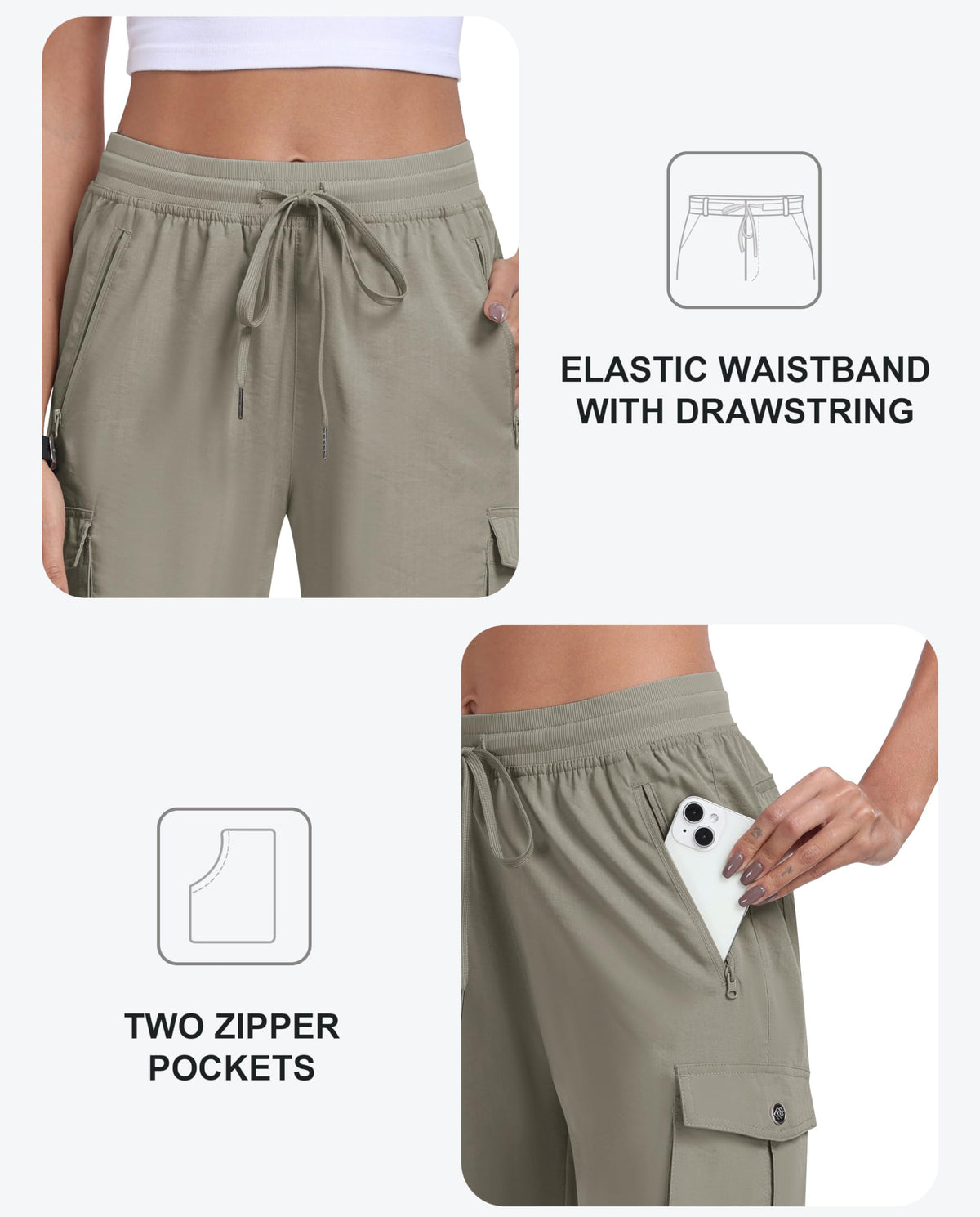 MoFiz Womens Shorts with Pockets Loose Fit Casual Cargo Shorts Lightweight Ladies Hiking Shorts Grey Khaki M