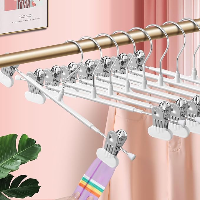 Clothes Pants Hangers with Wide Clips 20 Pack,Non-Slip Adjustable Skirt Hanger for Women,Space-Saving Heavy Duty Men Hangers for Pants,Trousers,Jeans,Shorts 12Inch White