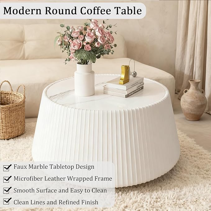 Round Coffee Table Set with Sintered Stone Tabletop, 26.77" White Drum Center Table and 19.68" White Coffee Table Set, 2 Pieces Living Room Table Set with Fluted PU Leather Cover& Stable Base