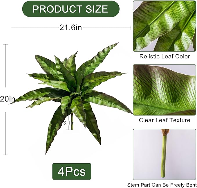 4 Pcs Artificial Greenery Stems Fake Bird Nest Fern Faux Branches Artificial Plants Realistic Fake Dracaena Realistic Plants for Indoor Outdoor Porch Patio Home Office Living Room Decor (Brown Green)