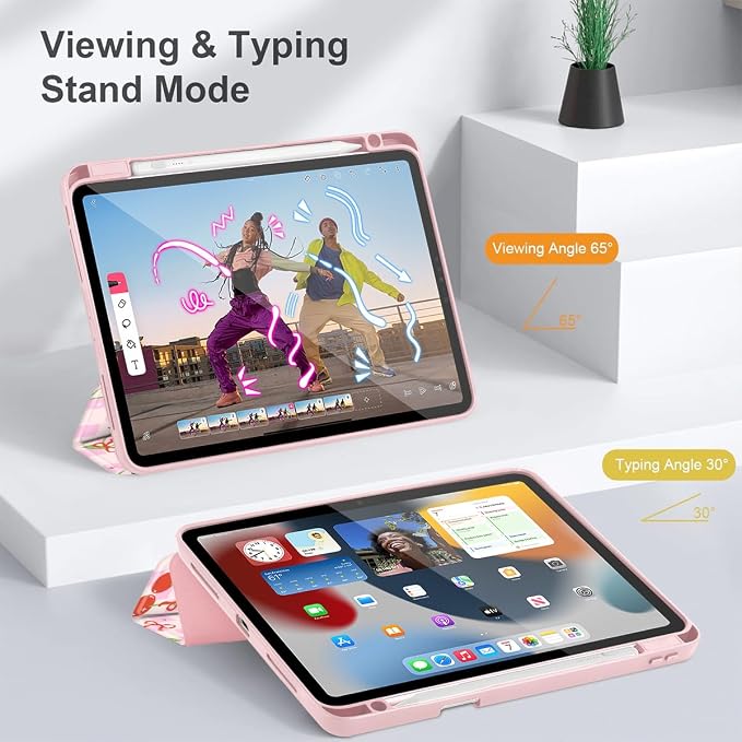 Case for iPad 12.9 Inch (6th/5th/4th/3rd Generation 2022/2021/2020/2018) Pencel Holder + Trifold Support Auto Sleep/Wake Transparent Shockproof Back Cover Abstract Floral SD163