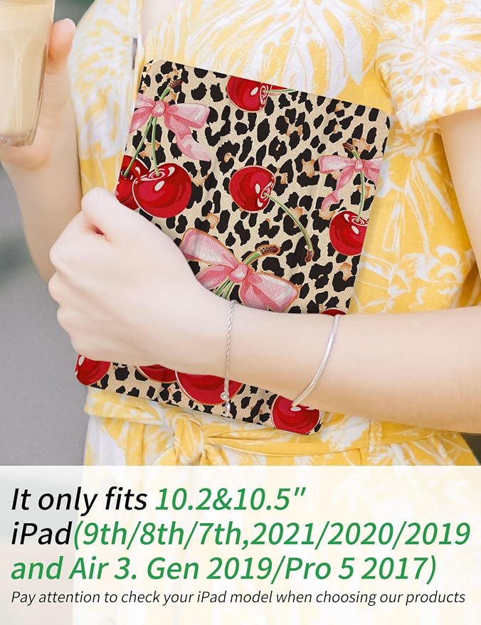 Case for iPad 9th/ 8th/ 7th Generation Case 10.2&amp10.5 Inch (2021/2020/2019 Release) Slim Lightweight Soft Trifold Back Cover with Pencil Holder &amp Auto Sleep/Wake Cover Cherries Cheetah Bows