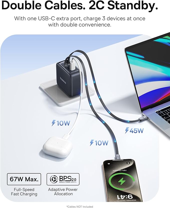 Baseus Enercore CJ21 67W USB C Charger, 3 in 1 Fast Charging Block with 2 Retractable Cable & Foldable Plug, PD/PPS for Galaxy S25/iPhone 17/16/15 Series/MacBook Air/Airpods 4