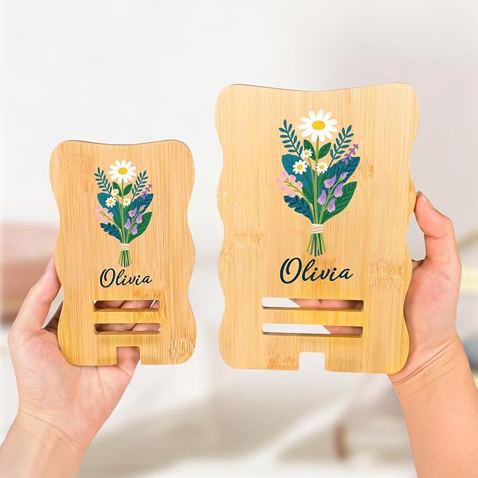 CALLIE Personalized Wooden Phone Holder for Women | Custom Name Phone Dock with Birth Flower | Rectangular and Wavy Form Options | Birthday Gift for Mom Family Friend