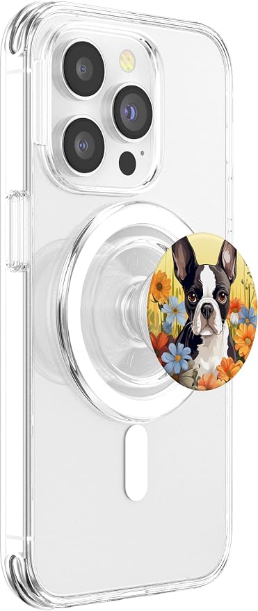Cute Boston Terrier Spring Flower Garden Colorful Puppy Dog PopSockets Adhesive PopGrip