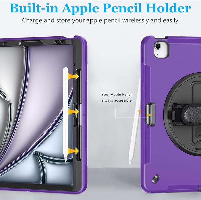 Case for iPad Air 13 Inch M3 2025 & M2 2024: Military Grade Cover for iPad Pro 12.9 6th/5th/4th/3rd Generation W/Screen Protector- Stand- Pencil Holder- Handle- Shoulder Strap- Purple