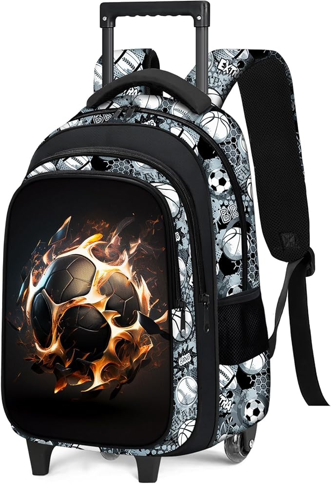 Boys Rolling Backpack for Kids - Soccer Kids Rolling Backpack with Wheels for Elementary Middle School Students - Sport Roller School Bookbag Aged 6-18, Wheeled Travel Bag Large Capacity