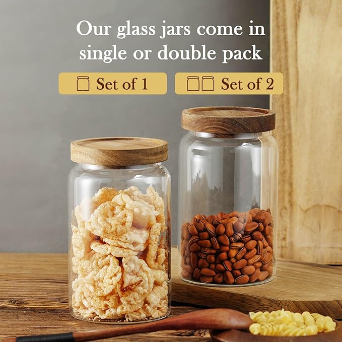 Labina Glass Storage Container Airtight Food Jars Kitchen Canister with Wood Lids, 33 Oz Wide Mouth Pantry Organization Glass Jar for Flour, Sugar, Cookie, Spagetti, Nuts and Candy (2 Pack)